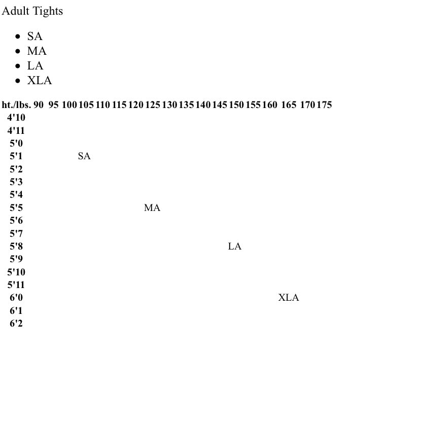 Balera Tights Size Chart